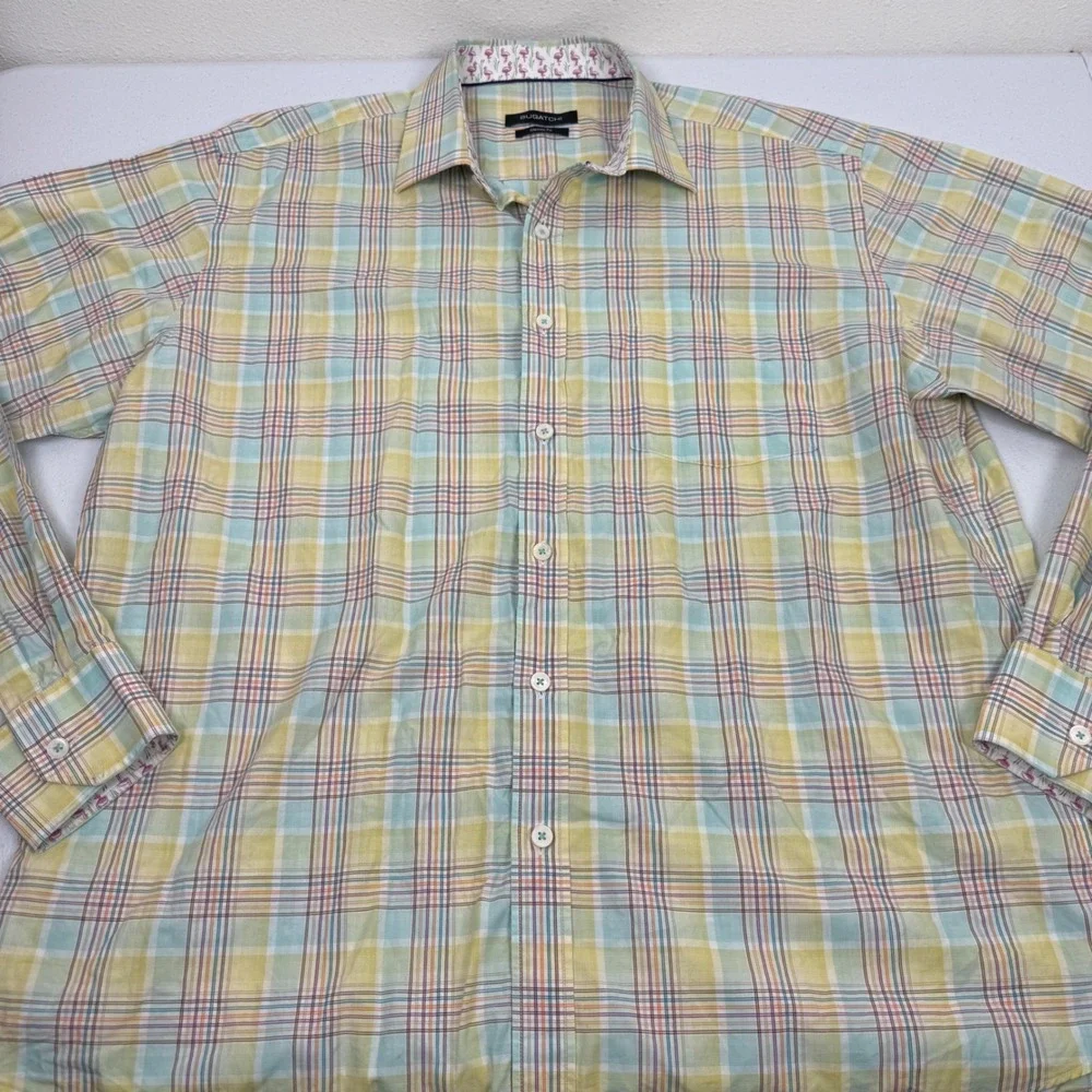 Bugatchi Mens Classic Fit‎ Plaid Button Down Shirt Yellow Green Flamingo Large